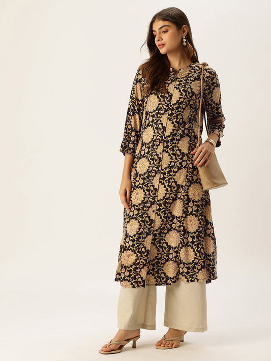 Beige Floral Printed A - Line Kurta