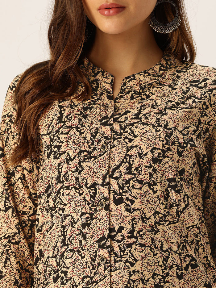 Beige Floral Printed A - Line Kurta