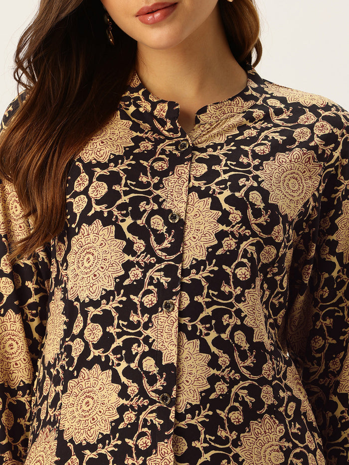 Beige Floral Printed A - Line Kurta