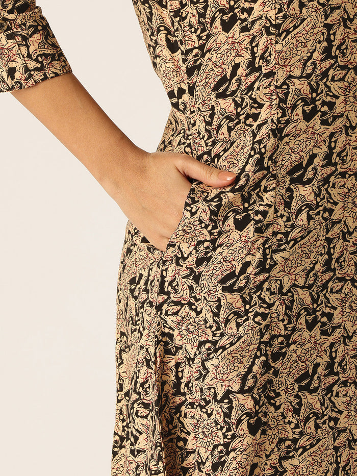 Beige Floral Printed A - Line Kurta
