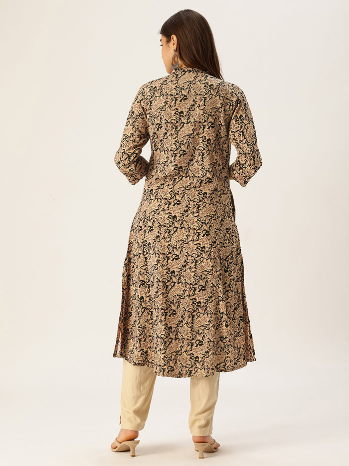 Beige Floral Printed A - Line Kurta