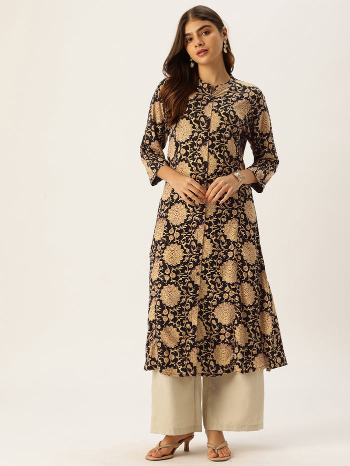 Beige Floral Printed A - Line Kurta