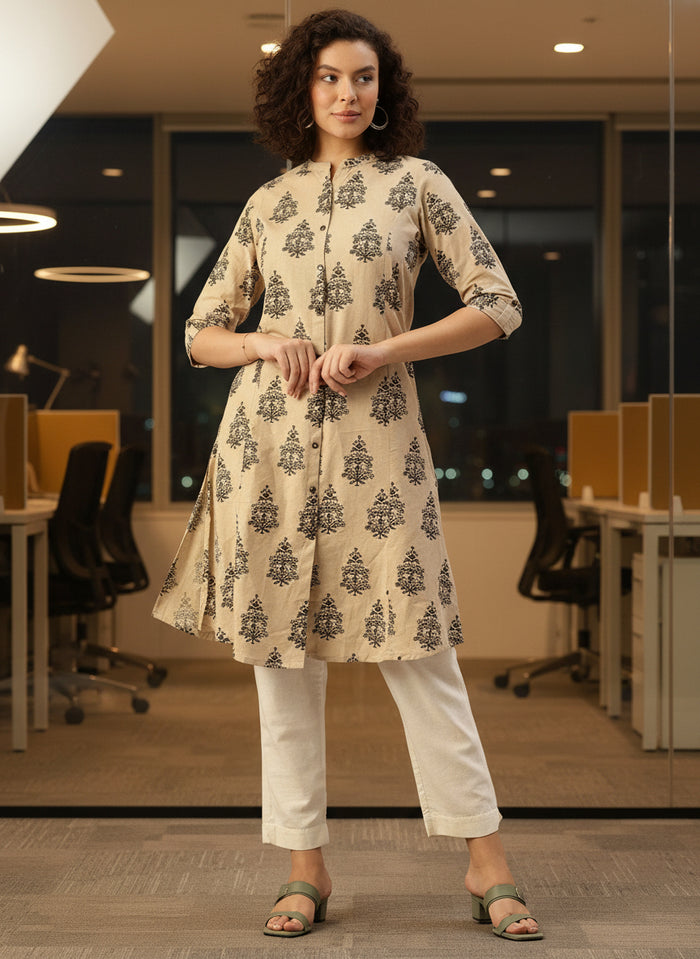 Beige Printed A Line Kurta, Princess Cur Kurta, A-Line Kurta, Floral Print, Mandarin Collar kurta, printed kurta