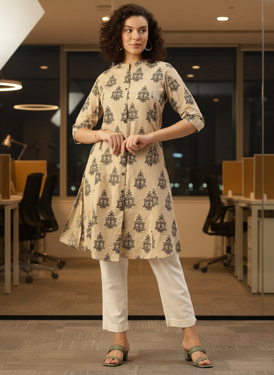 Beige Printed A Line Kurta, Princess Cur Kurta, A-Line Kurta, Floral Print, Mandarin Collar kurta, printed kurta