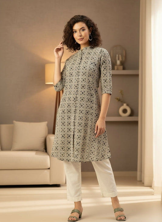 Beige Printed A Line Kurta, Princess Cur Kurta, A-Line Kurta, Floral Print, Mandarin Collar kurta, printed kurta