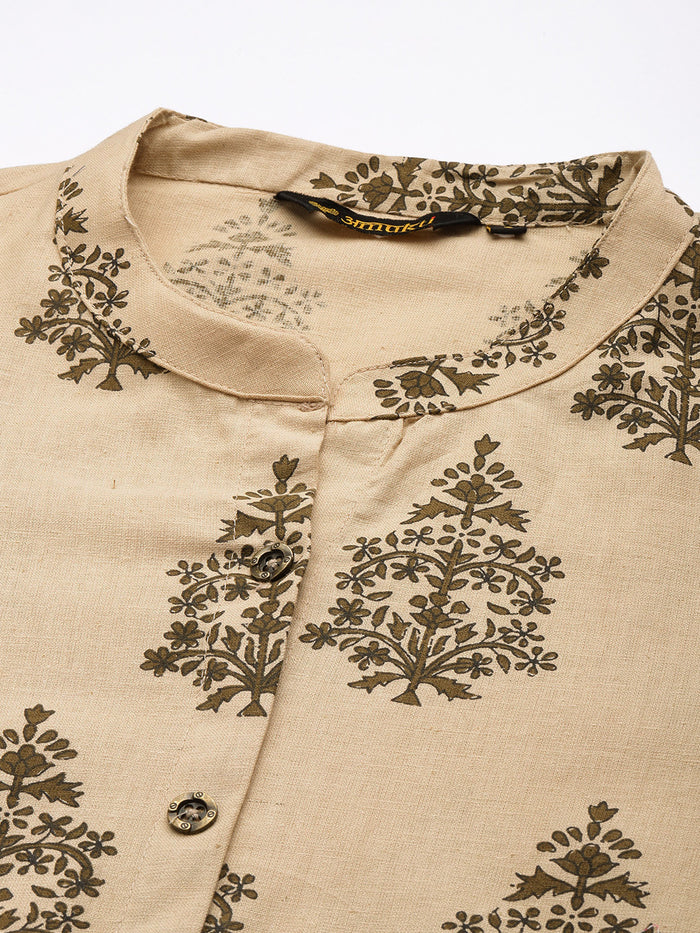 Beige Printed A Line Kurta, Princess Cur Kurta, A-Line Kurta, Floral Print, Mandarin Collar kurta, printed kurta