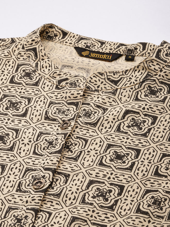 Beige Printed A Line Kurta, Princess Cur Kurta, A-Line Kurta, Floral Print, Mandarin Collar kurta, printed kurta