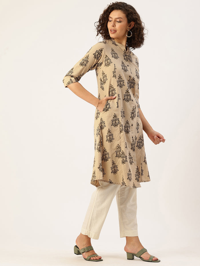 Beige Printed A Line Kurta, Princess Cur Kurta, A-Line Kurta, Floral Print, Mandarin Collar kurta, printed kurta
