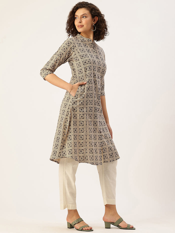 Beige Printed A Line Kurta, Princess Cur Kurta, A-Line Kurta, Floral Print, Mandarin Collar kurta, printed kurta