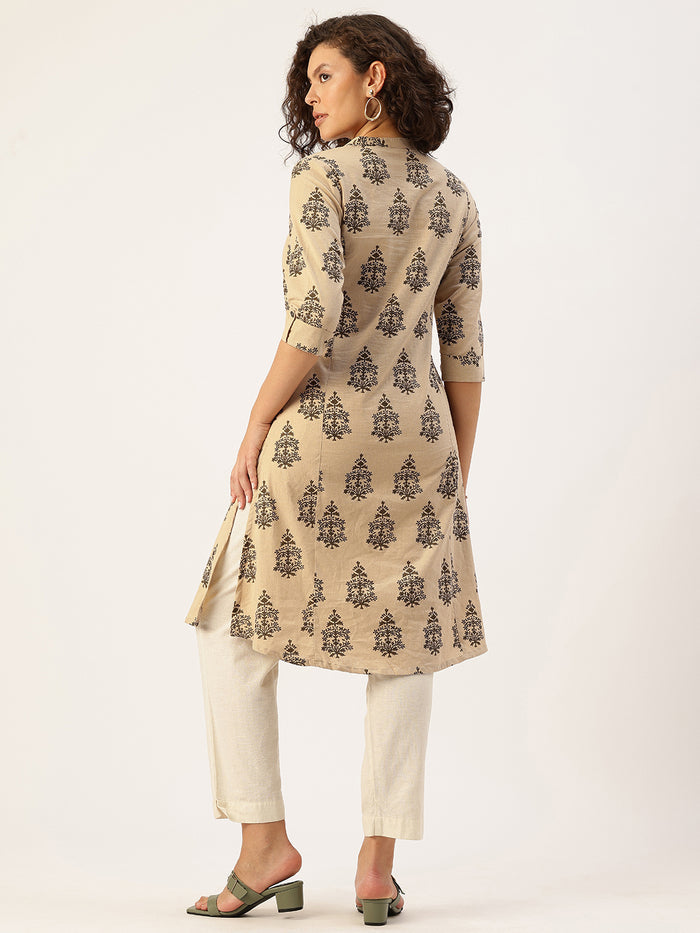 Beige Printed A Line Kurta, Princess Cur Kurta, A-Line Kurta, Floral Print, Mandarin Collar kurta, printed kurta