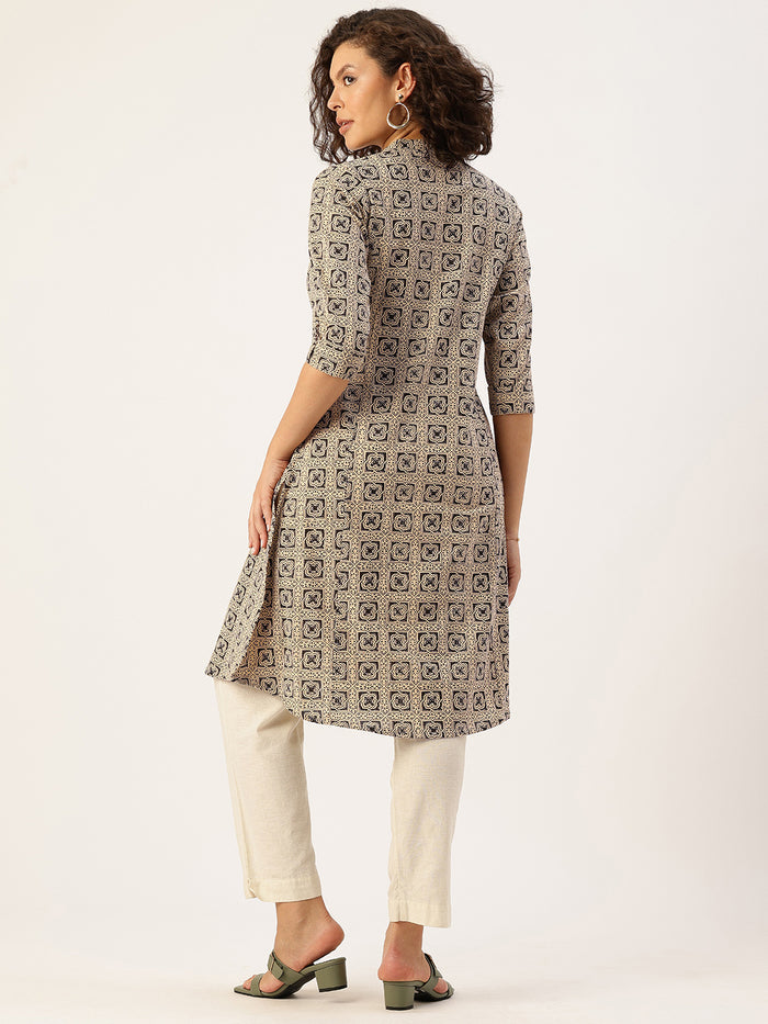 Beige Printed A Line Kurta, Princess Cur Kurta, A-Line Kurta, Floral Print, Mandarin Collar kurta, printed kurta