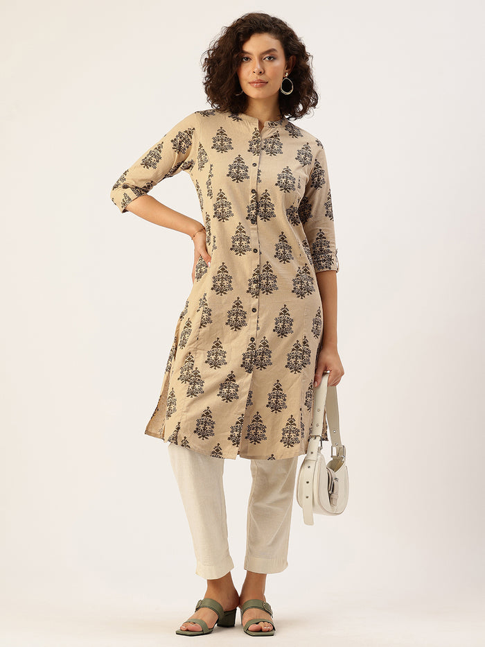 Beige Printed A Line Kurta, Princess Cur Kurta, A-Line Kurta, Floral Print, Mandarin Collar kurta, printed kurta