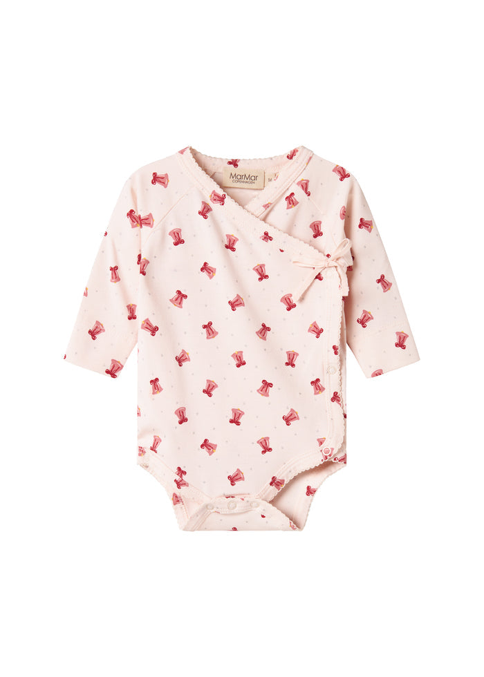 Baby wrap bodysuit with red Christmas bell print