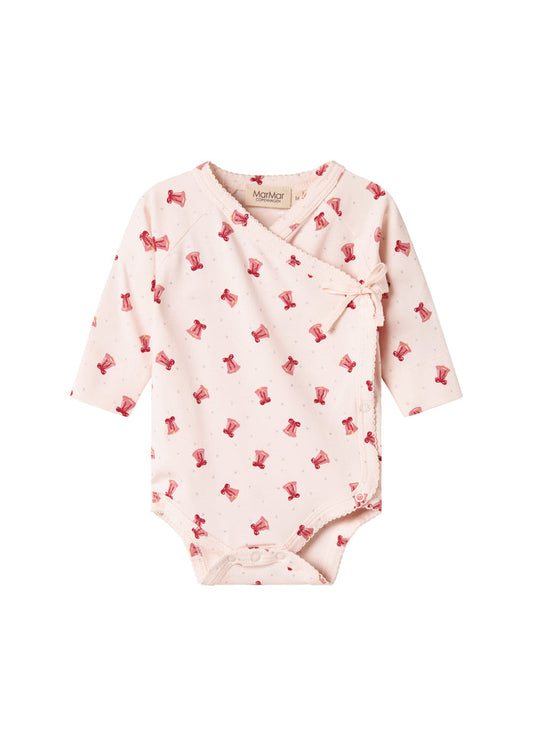 Baby wrap bodysuit with red Christmas bell print
