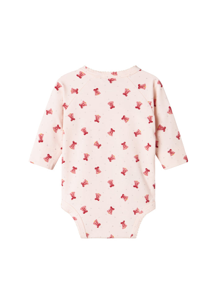 Baby wrap bodysuit with red Christmas bell print