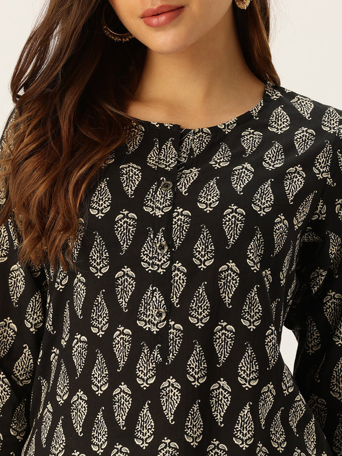 Black & Beige Printed A Line Kurta