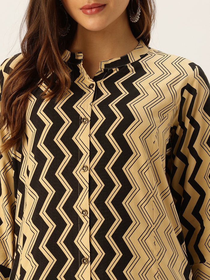 Black & Beige Zig-Zag Printed A-Line Kurta