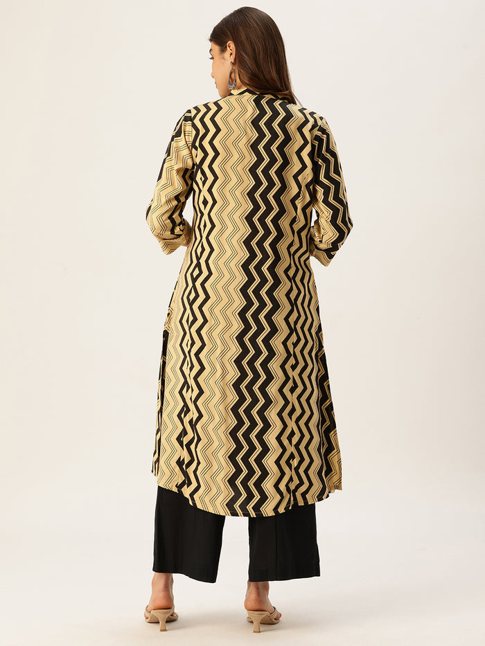 Black & Beige Zig-Zag Printed A-Line Kurta