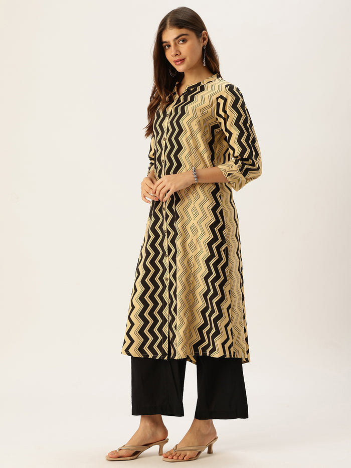 Black & Beige Zig-Zag Printed A-Line Kurta