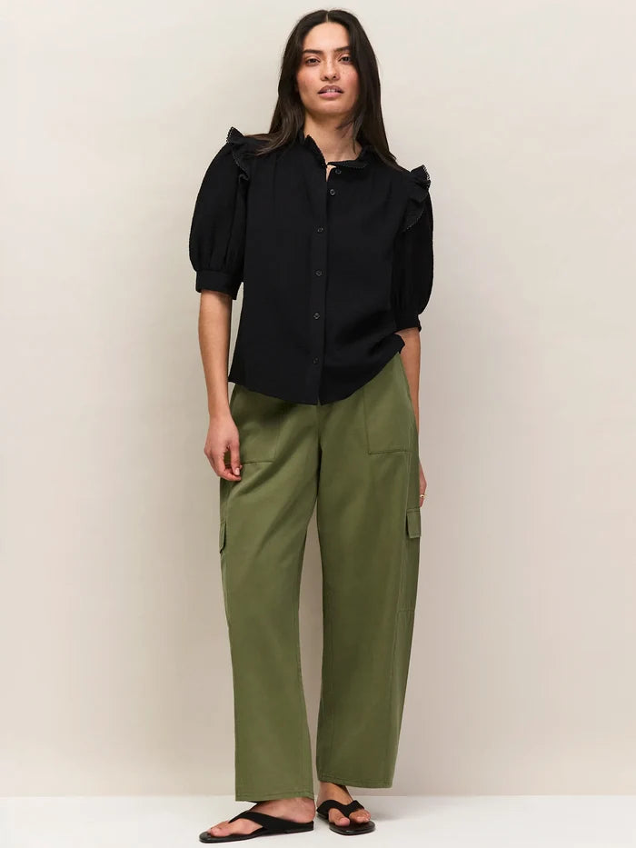 Black Cheesecloth Frill Short Sleeve Shirt