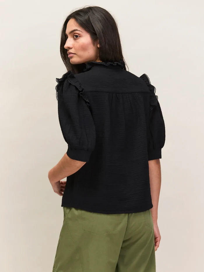 Black Cheesecloth Frill Short Sleeve Shirt