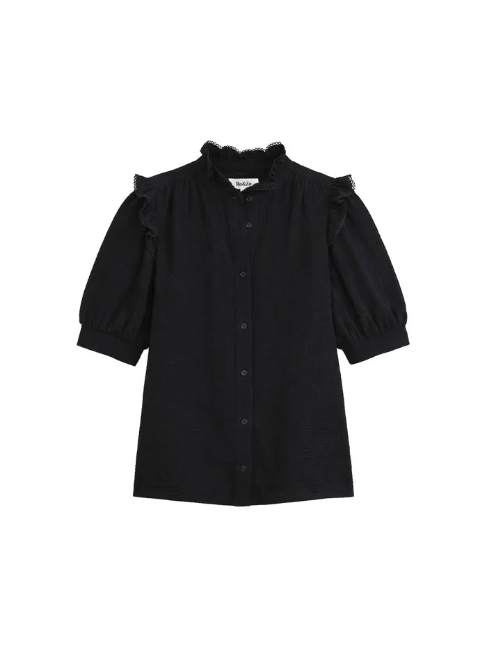Black Cheesecloth Frill Short Sleeve Shirt