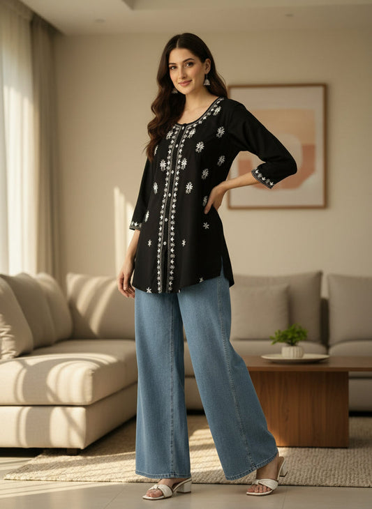 Black Floral Embroidered Tunic, Embroidery short top, short kurta, short top, black short kurta