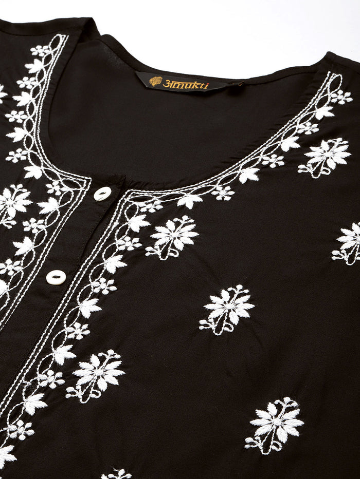 Black Floral Embroidered Tunic, Embroidery short top, short kurta, short top, black short kurta