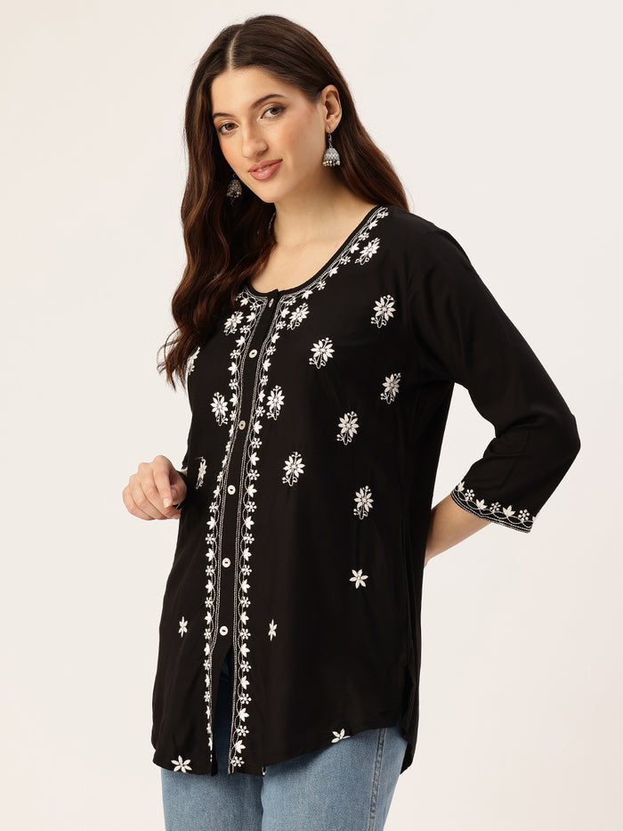 Black Floral Embroidered Tunic, Embroidery short top, short kurta, short top, black short kurta