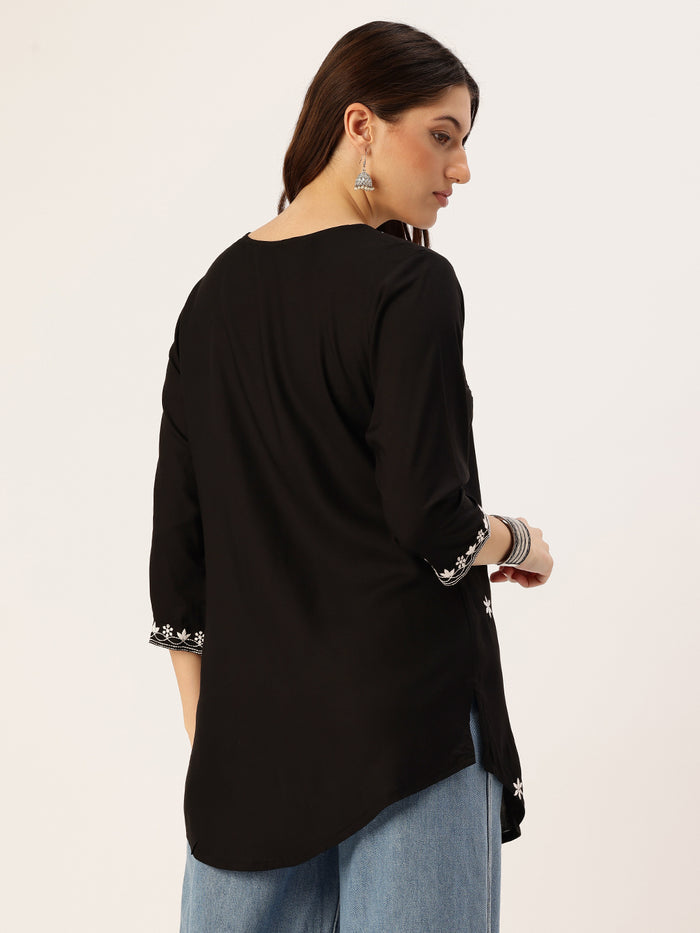 Black Floral Embroidered Tunic, Embroidery short top, short kurta, short top, black short kurta