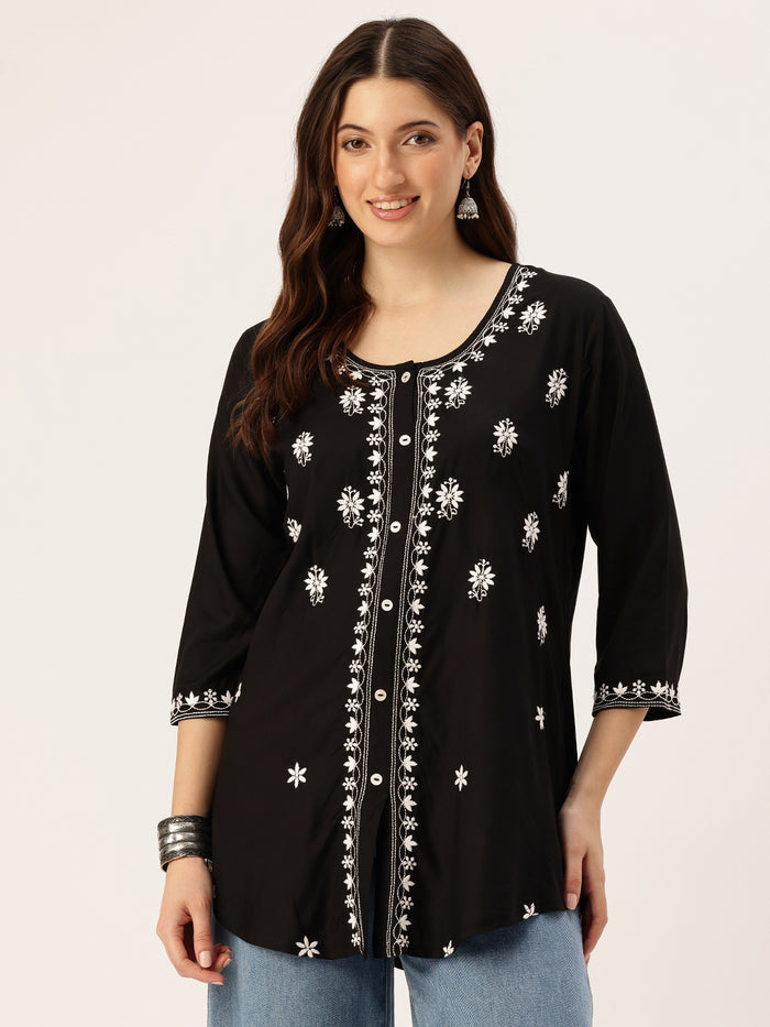 Black Floral Embroidered Tunic, Embroidery short top, short kurta, short top, black short kurta