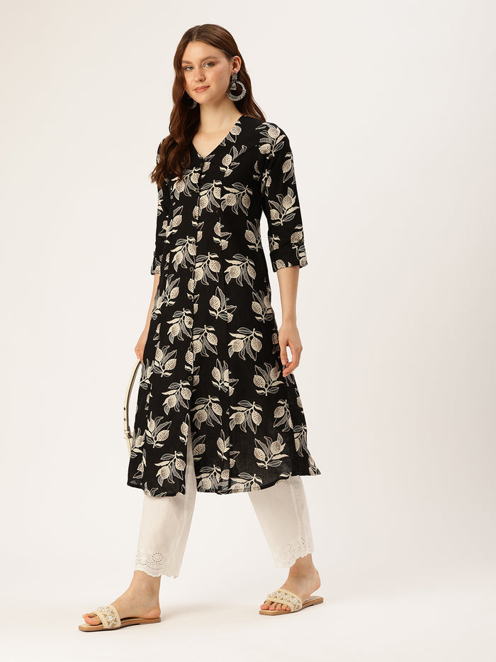 Black Floral Printed Kurta, Princess Cur Kurta, A-Line Kurta, Floral Print, Mandarin Collar kurta, printed kurta