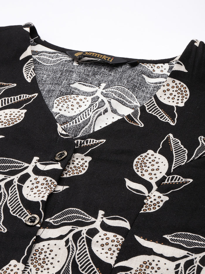 Black Floral Printed Kurta, Princess Cur Kurta, A-Line Kurta, Floral Print, Mandarin Collar kurta, printed kurta