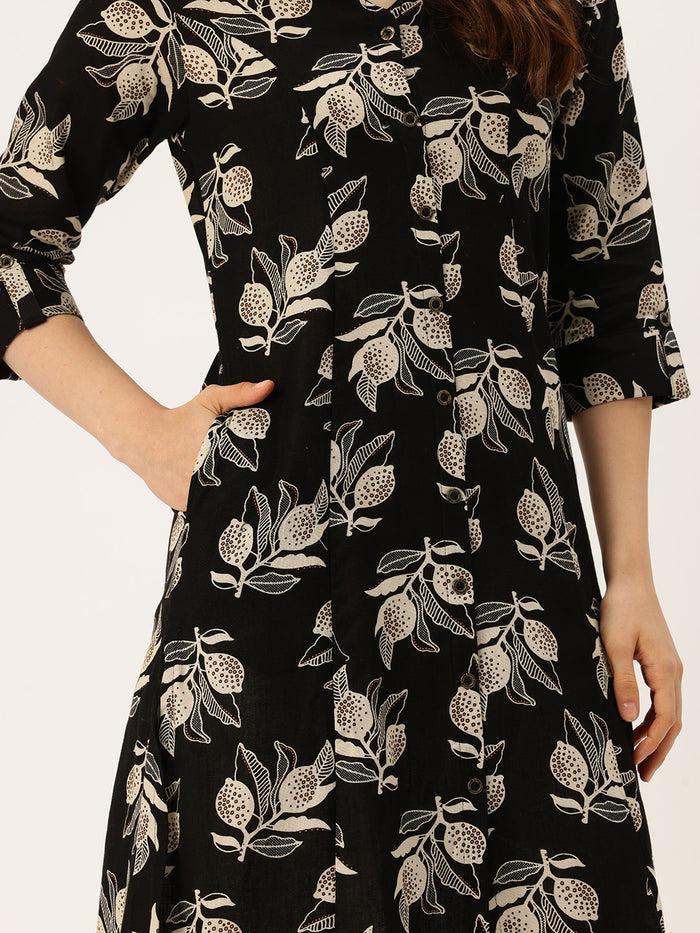 Black Floral Printed Kurta, Princess Cur Kurta, A-Line Kurta, Floral Print, Mandarin Collar kurta, printed kurta