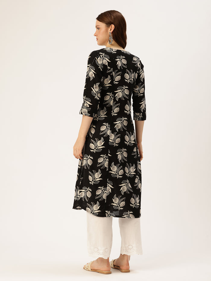 Black Floral Printed Kurta, Princess Cur Kurta, A-Line Kurta, Floral Print, Mandarin Collar kurta, printed kurta