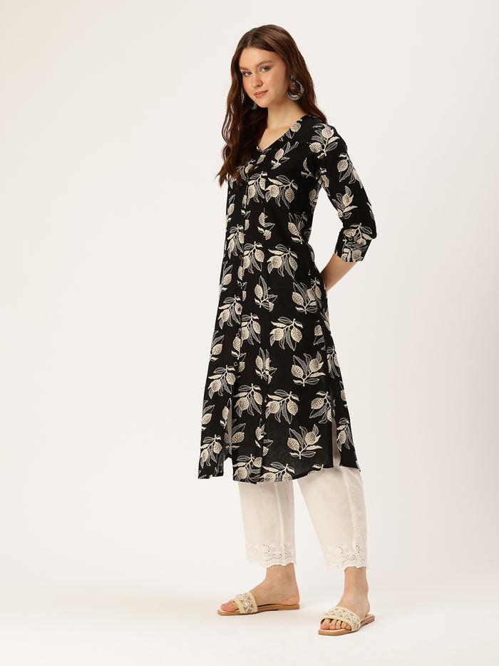 Black Floral Printed Kurta, Princess Cur Kurta, A-Line Kurta, Floral Print, Mandarin Collar kurta, printed kurta