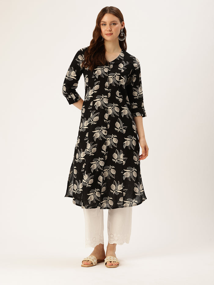 Black Floral Printed Kurta, Princess Cur Kurta, A-Line Kurta, Floral Print, Mandarin Collar kurta, printed kurta