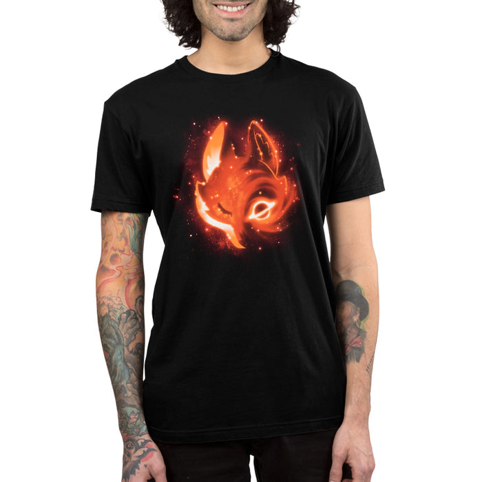 Premium Cotton T-shirt_TeeTurtle black Black Hole Fox Premium Cotton T-Shirt featuring a galaxy in the shape of a fox with a glowing planet for an eye and a field of stars around it