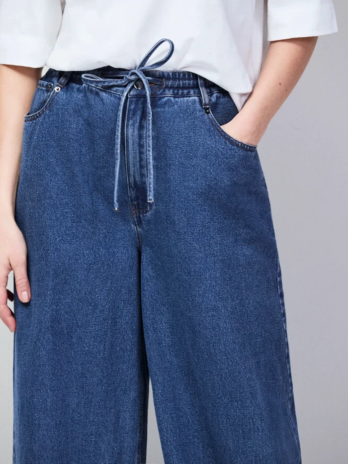 Blue Denim Drawstring Wide Leg Jeans