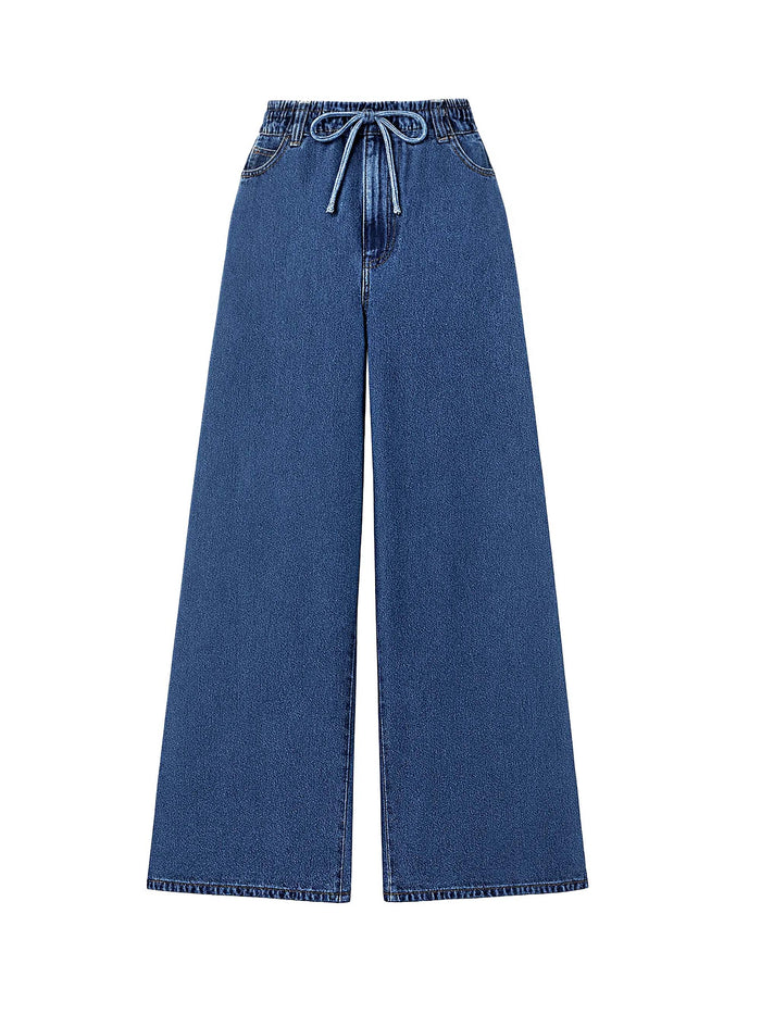 Blue Denim Drawstring Wide Leg Jeans