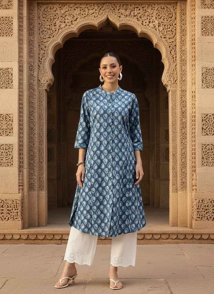 Blue Printed A Line Kurta, Princess Cur Kurta, A-Line Kurta, Floral Print, Mandarin Collar kurta, printed kurta