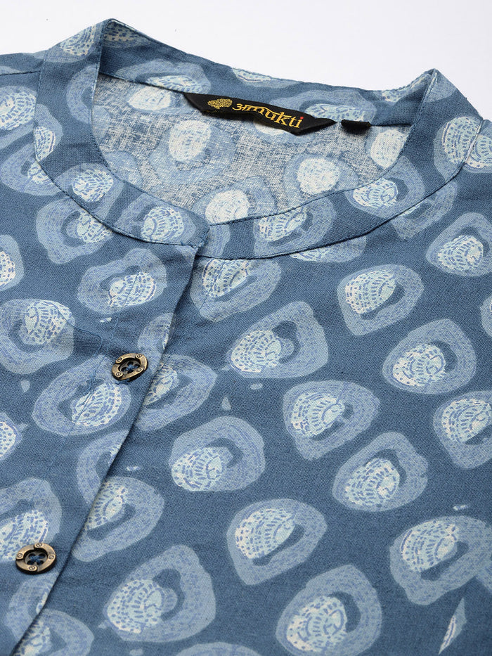 Blue Printed A Line Kurta, Princess Cur Kurta, A-Line Kurta, Floral Print, Mandarin Collar kurta, printed kurta