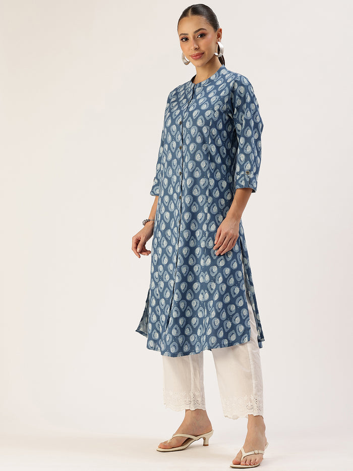 Blue Printed A Line Kurta, Princess Cur Kurta, A-Line Kurta, Floral Print, Mandarin Collar kurta, printed kurta