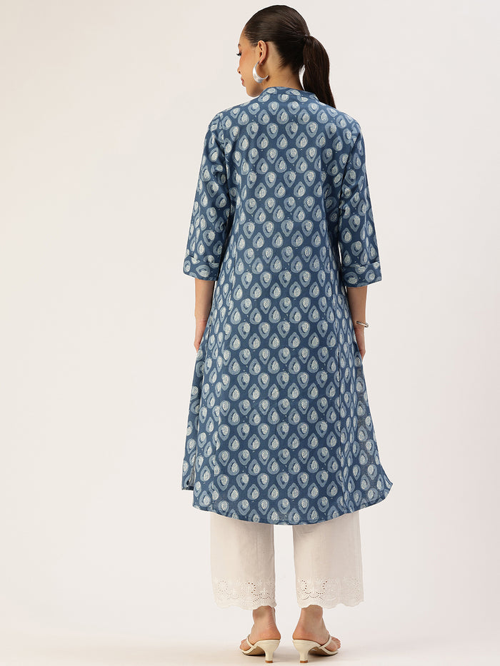 Blue Printed A Line Kurta, Princess Cur Kurta, A-Line Kurta, Floral Print, Mandarin Collar kurta, printed kurta
