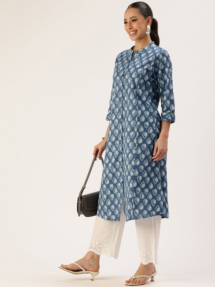 Blue Printed A Line Kurta, Princess Cur Kurta, A-Line Kurta, Floral Print, Mandarin Collar kurta, printed kurta