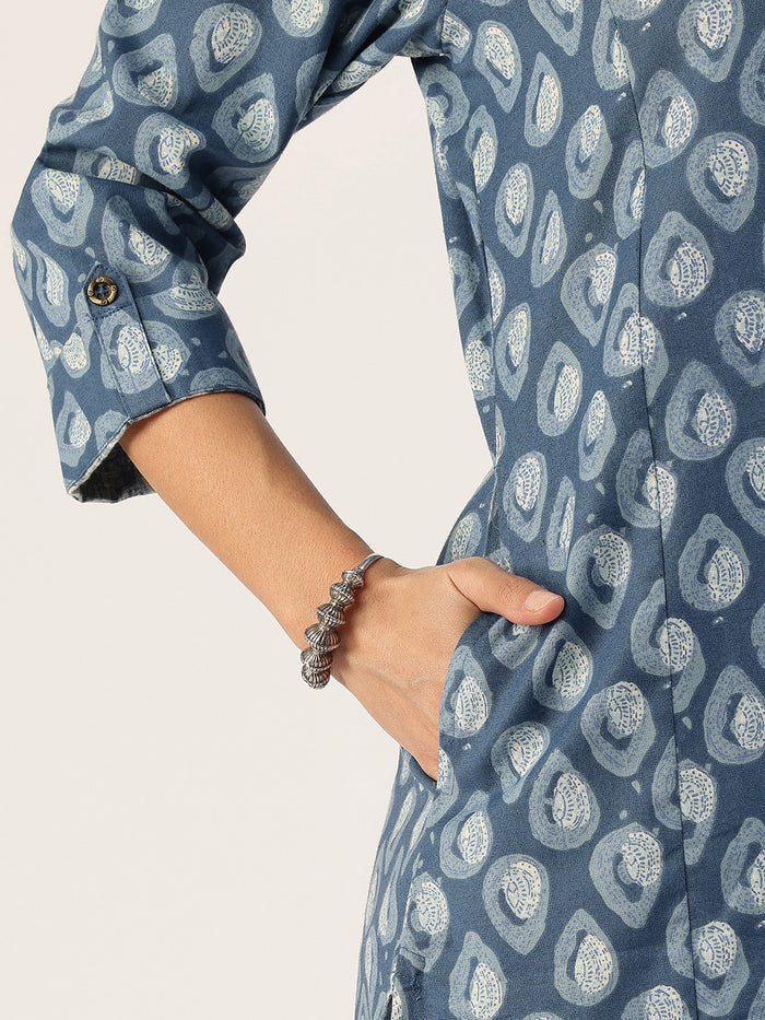 Blue Printed A Line Kurta, Princess Cur Kurta, A-Line Kurta, Floral Print, Mandarin Collar kurta, printed kurta