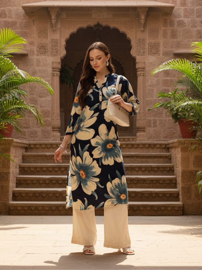 Blue With Beige Floral Printed Mandarin Collar Kurta, Floral Printed Kurta, Band Collar, 3/4th Sleeve, Blue Printed Kurta