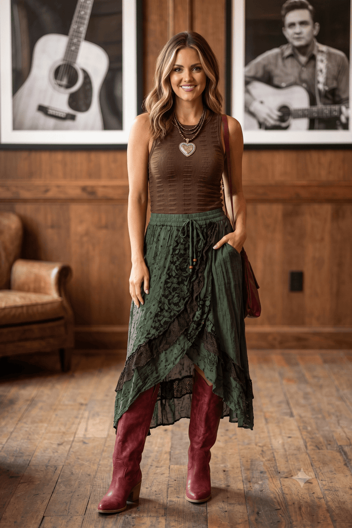 Women's green patchwork midi skirt featuring mixed prints, ruffle trim, wrap-inspired silhouette, and an elastic waistband with a flowing boho design.
