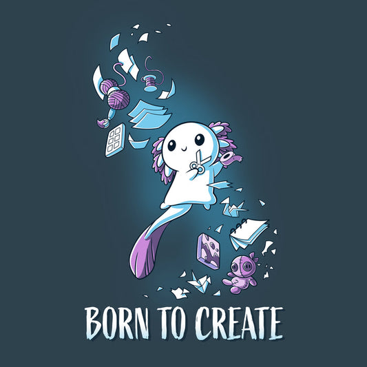 Premium Cotton T-shirt - A whimsical character hovers amidst craft supplies like yarn, paper, and a sewing kit with the text "BORN TO CREATE" below on a super soft ringspun cotton apparel in denim blue from monsterdigital's Born to Create collection.
