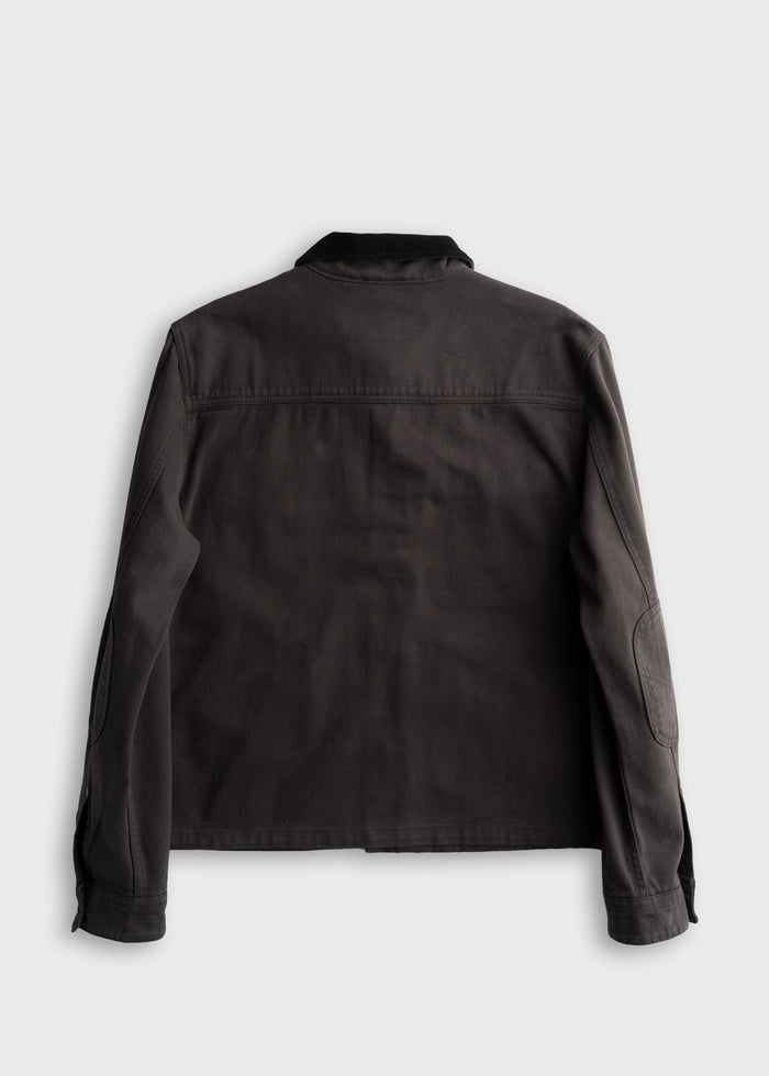 Back view of a dark gray jacket with long sleeves and a collar, displayed on a plain white background.